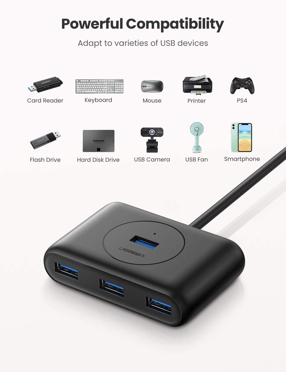 UGREEN USB 3.0 4 Port Hub Splitter with USB Type-C Power Port