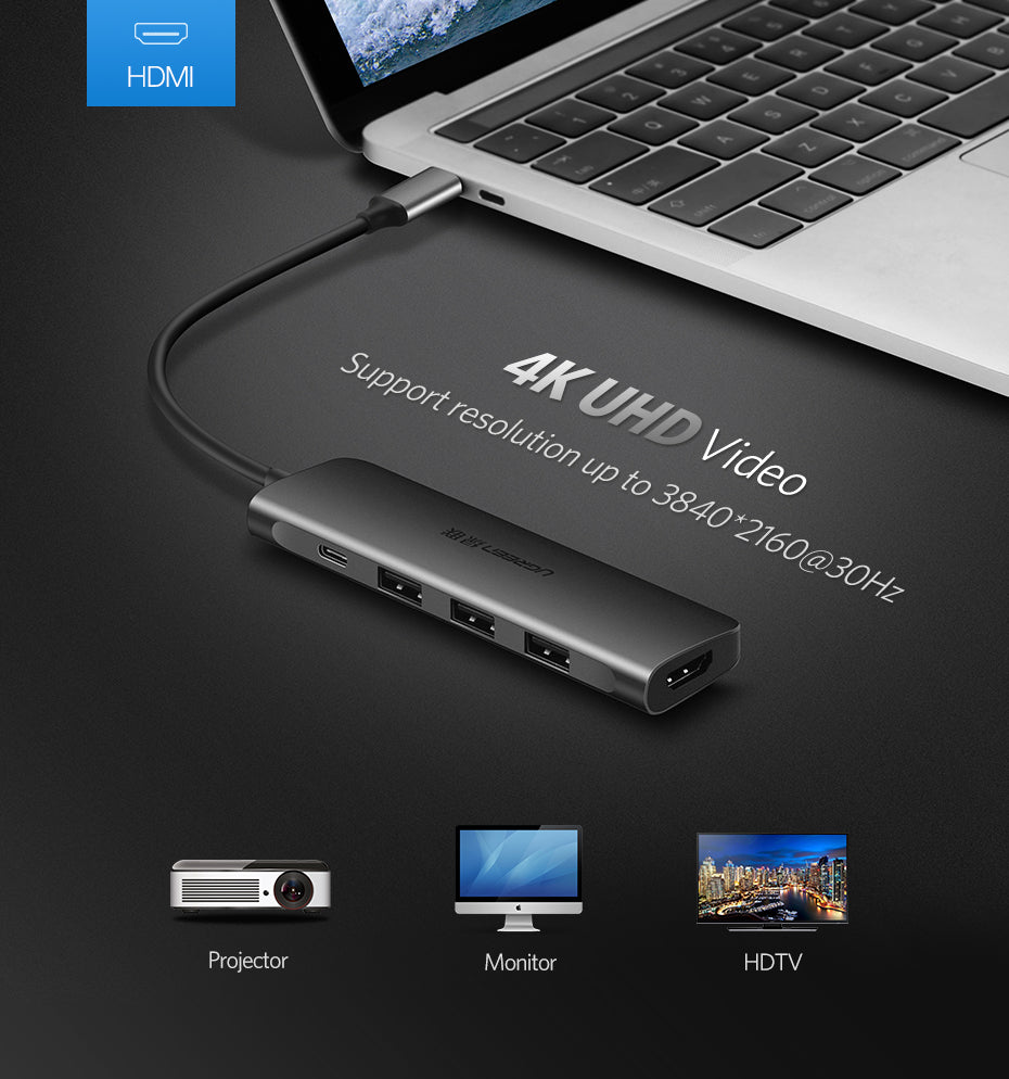 UGREEN USB C to HDMI + 3 USB Ports + PD Multifunction 5-in-1 Hub for Laptop Phone - PH