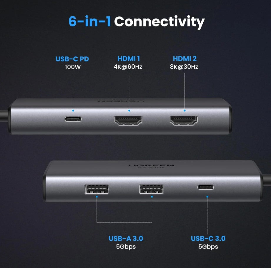UGREEN 6 in 1 USB C to Dual HDMI | 2 USB 3.0 | 1 USB C 5Gbps | 100W USB C PD HUB - PH