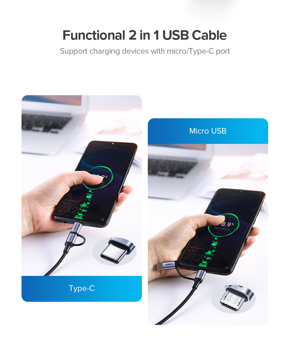 UGREEN USB A to Micro USB + USB Type C Data and Charging Cable for Android Samsung Huawei