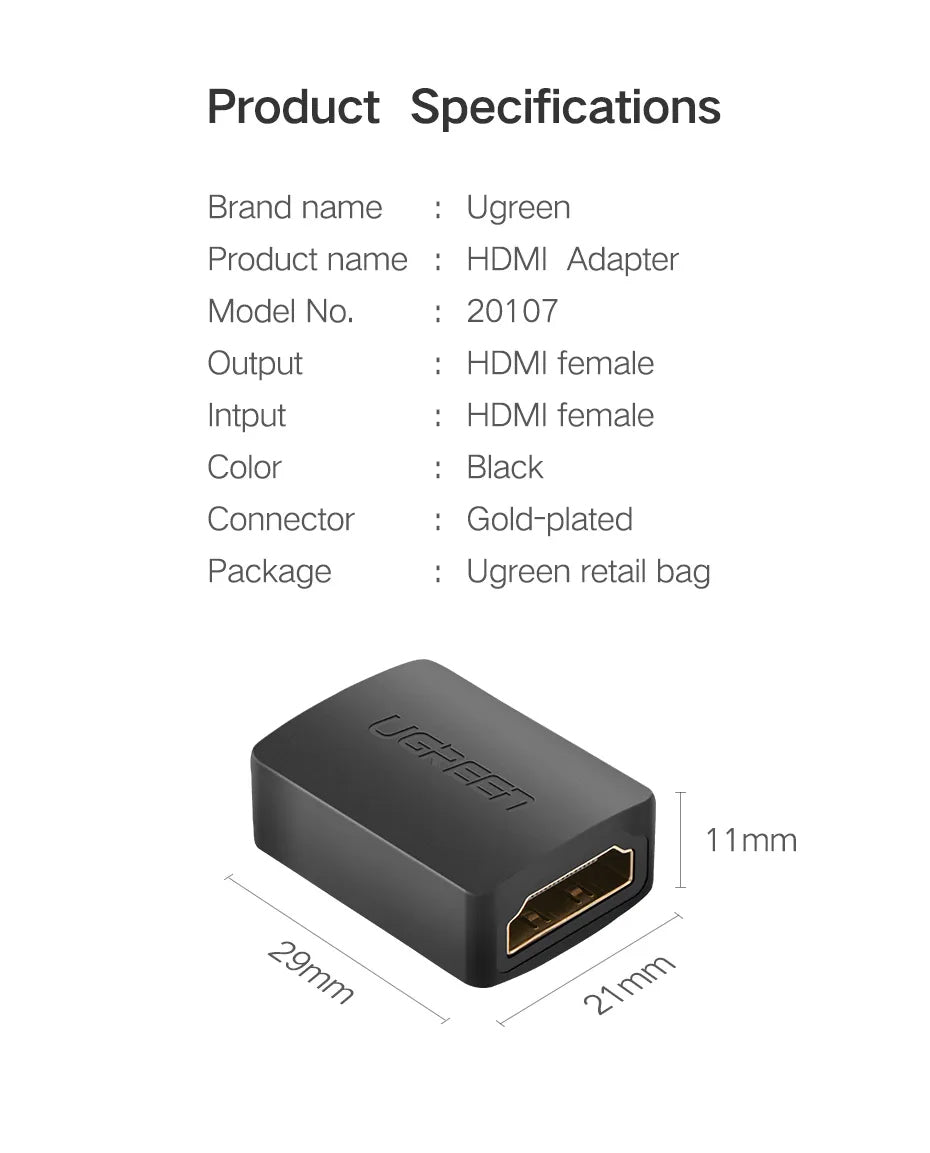 UGREEN HDMI Female to Female Extended Adapter 3D 4K Coupler Adapter for TV PS4 PS3 Nintendo Switch Xbox