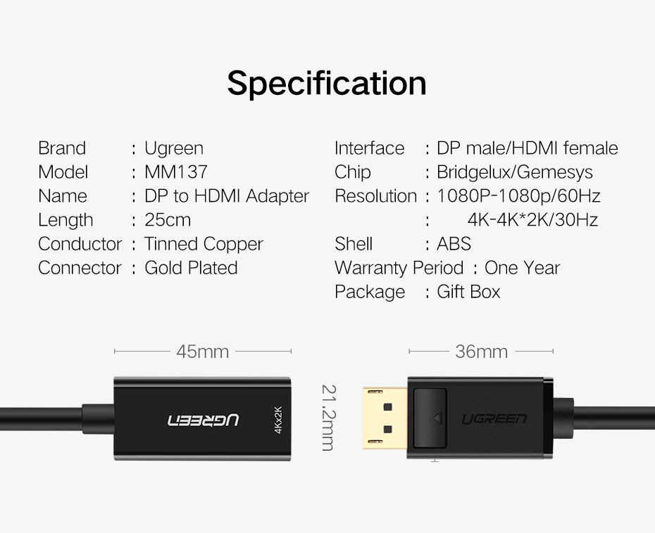 UGREEN 4K 1080P DisplayPort Male to HDMI Female Converter for Laptop Projector PC
