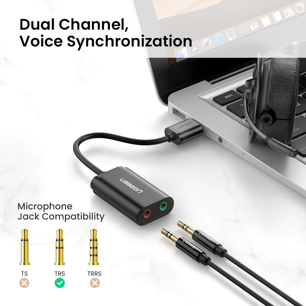 UGREEN USB External 3.5mm Sound Card Adapter for Mic, Speaker, Headphone, AUX Audio Cable