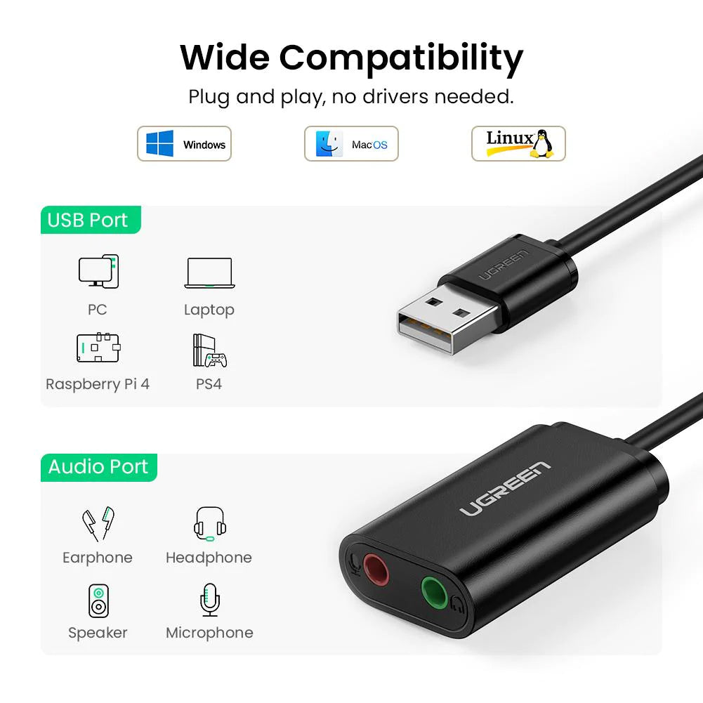 UGREEN USB External 3.5mm Sound Card Adapter for Mic, Speaker, Headphone, AUX Audio Cable