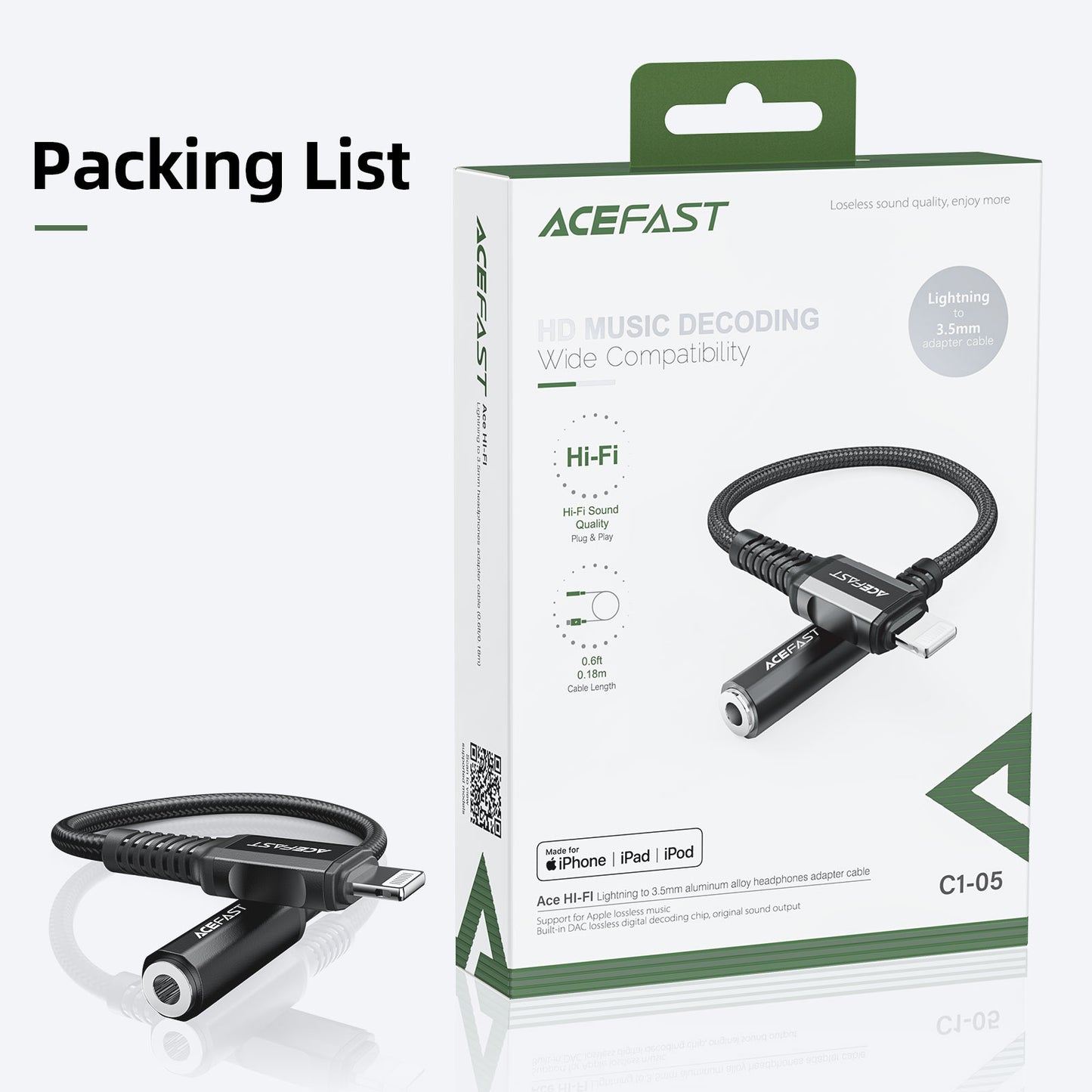 ACEFAST C1-05 Lightning to 3.5mm Aluminum Alloy Headphones Adapter Cable