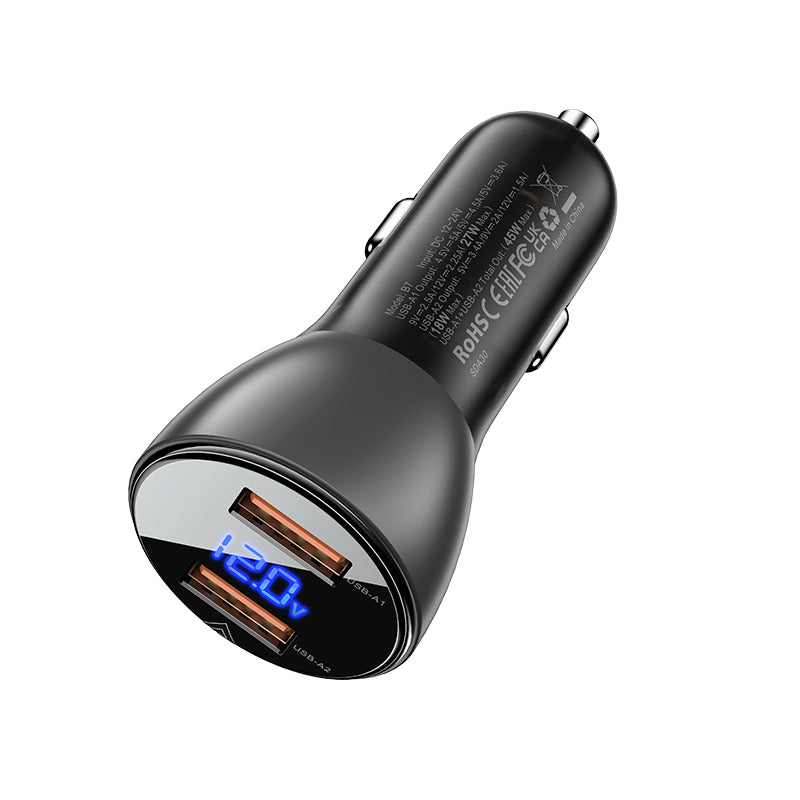 ACEFAST B7 Metal CarCharger 45W (USB-A + USB-A) with Digital Display Transparent,