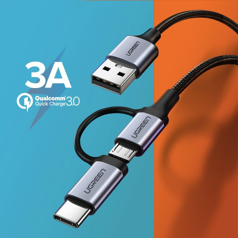 UGREEN USB A to Micro USB + USB Type C Data and Charging Cable for Android Samsung Huawei