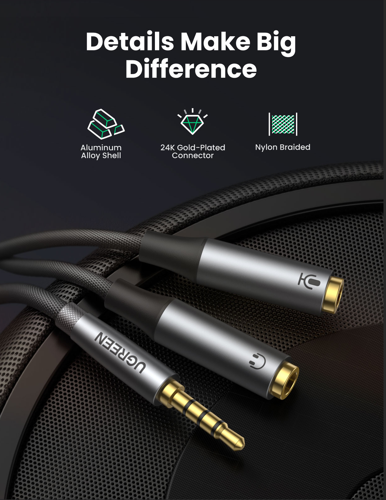UGREEN 3.5mm Mic and Audio Female Y Splitter to 3.5mm Male Audio Adapter