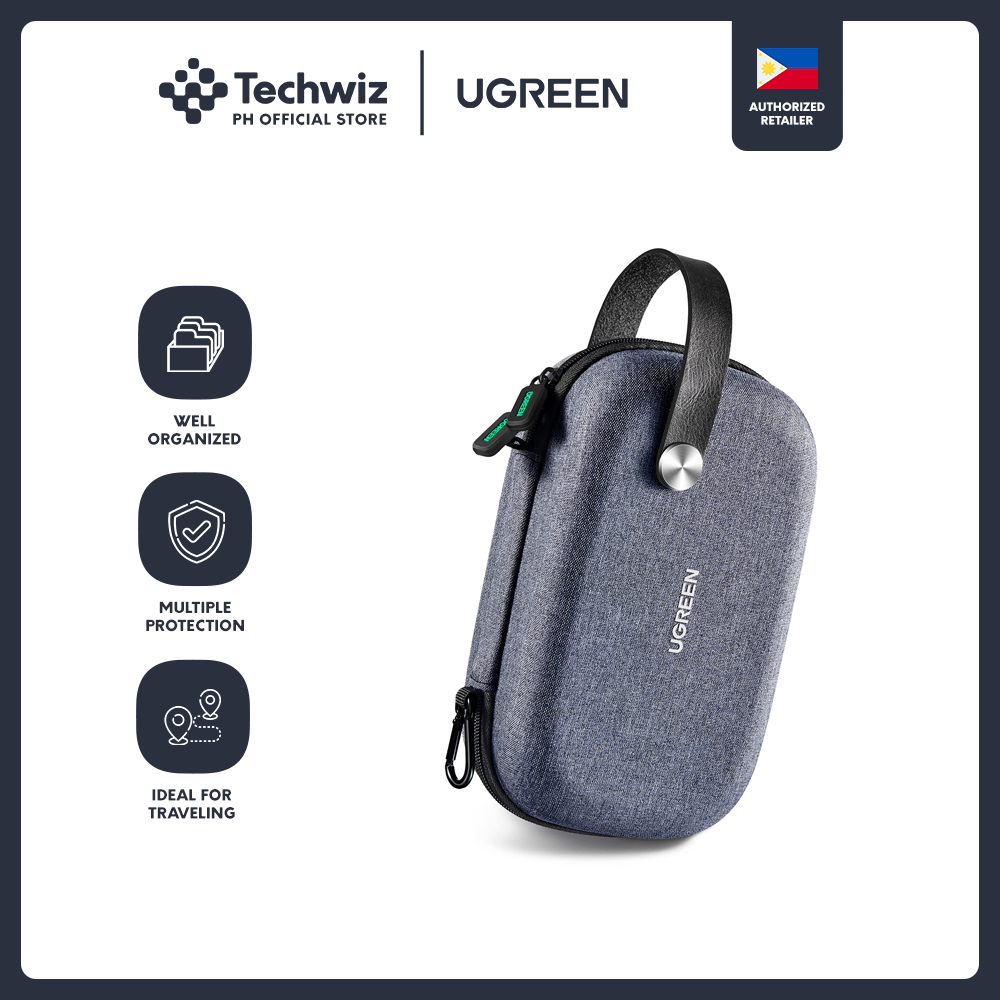 UGREEN Travel Case Gadget Bag Small, Portable Electronics Accessories Organiser Travel Carry Hard Case Cable Tidy Storage Box Pouch with Double Layer, Double Zipper, Snap Hook, Carrying Strap