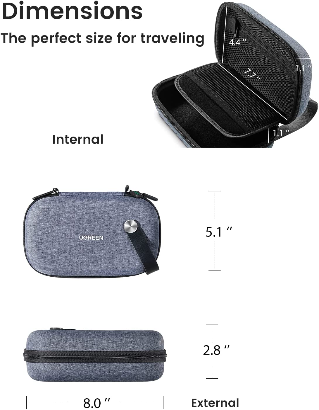 UGREEN Travel Case Gadget Bag Small, Portable Electronics Accessories Organiser Travel Carry Hard Case Cable Tidy Storage Box Pouch with Double Layer, Double Zipper, Snap Hook, Carrying Strap