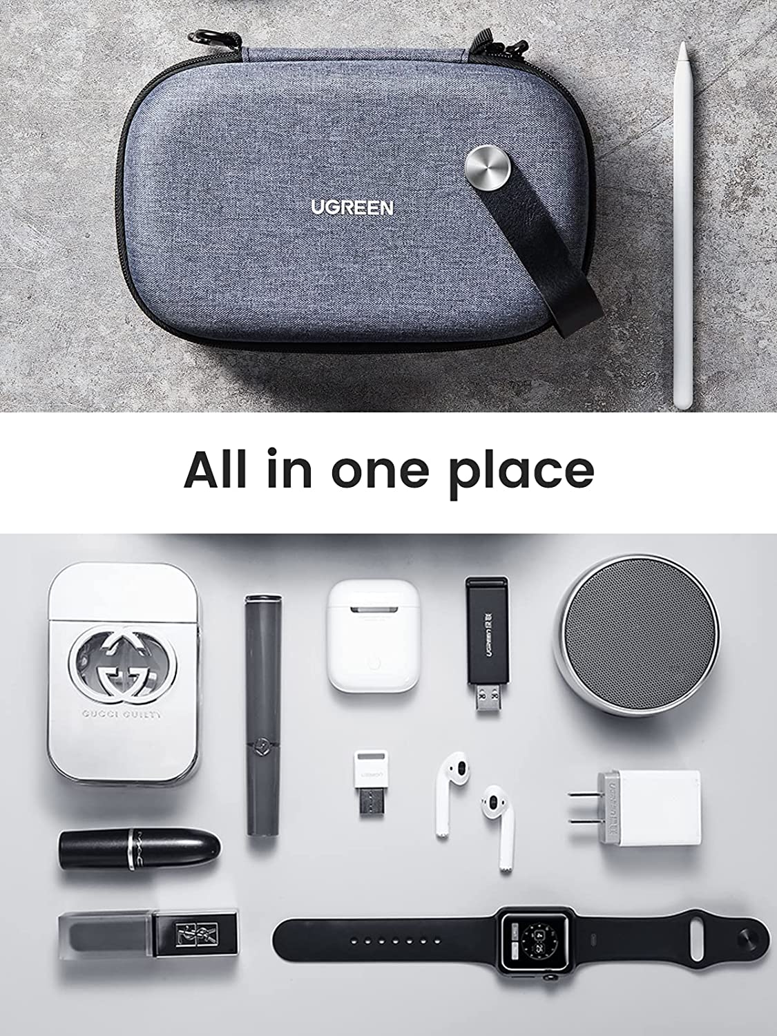 UGREEN Travel Case Gadget Bag Small, Portable Electronics Accessories Organiser Travel Carry Hard Case Cable Tidy Storage Box Pouch with Double Layer, Double Zipper, Snap Hook, Carrying Strap