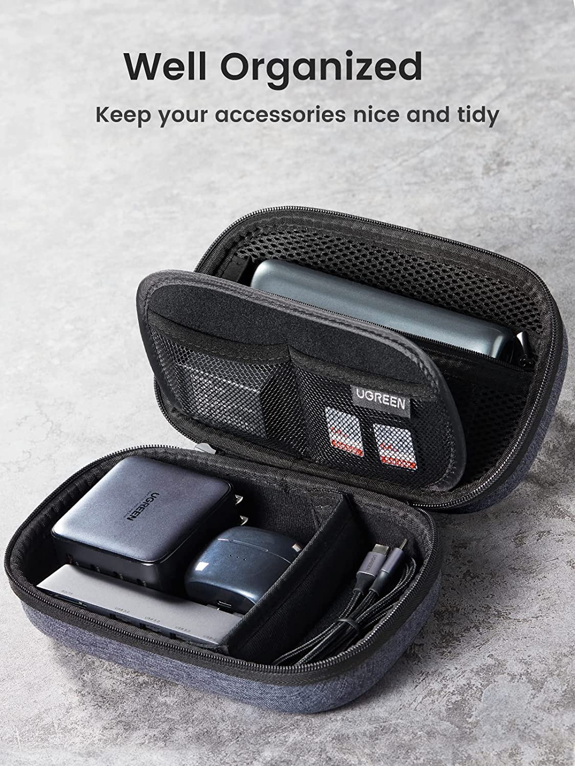 UGREEN Travel Case Gadget Bag Small, Portable Electronics Accessories Organiser Travel Carry Hard Case Cable Tidy Storage Box Pouch with Double Layer, Double Zipper, Snap Hook, Carrying Strap