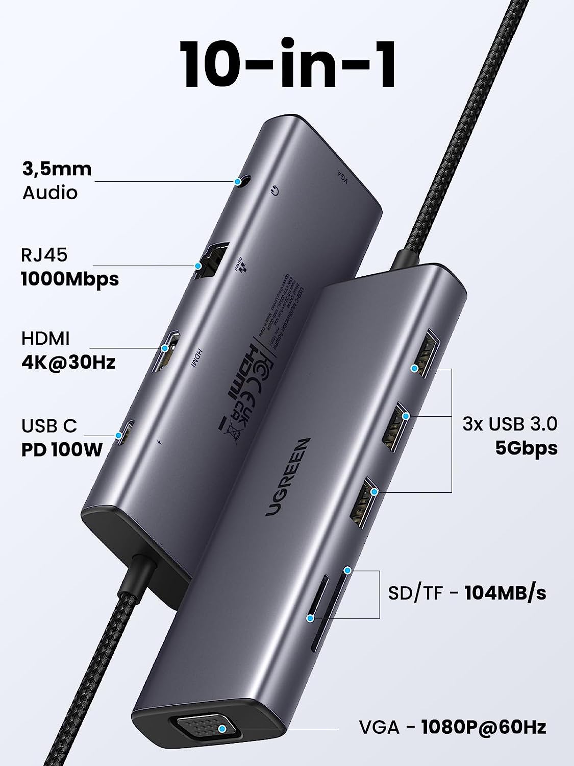 UGREEN USB C to HDMI 4k 30hz | VGA | 3x USB 3.0 | RJ45 | SD/TF | PD | 3.5mm 10 in 1 Hub