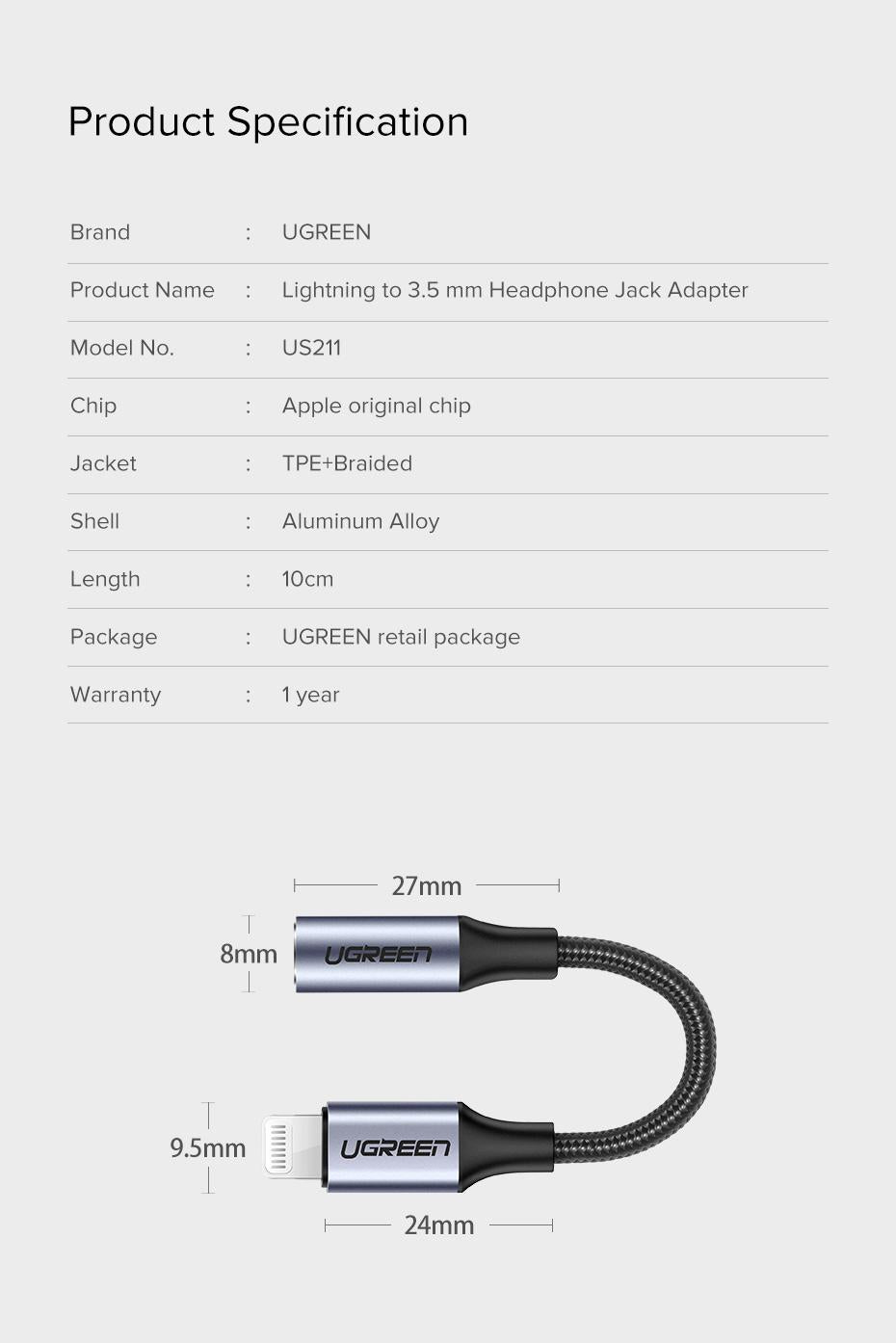 UGREEN MFi Lightning Adapter to 3.5mm Female Headphone Audio Jack