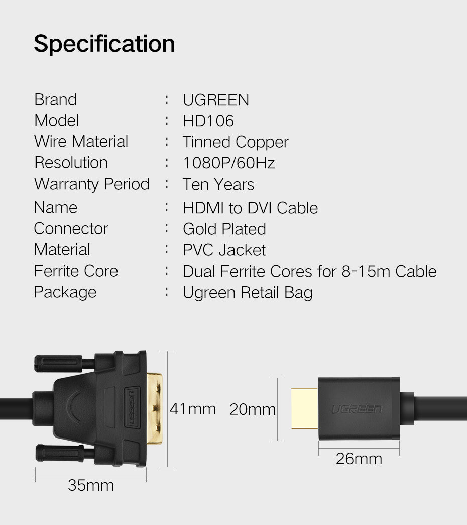 UGREEN 1080P HDMI Male to DVI (24+1) Male Cable Bi-directional for Xbox PS4 HDTV LCD - PH
