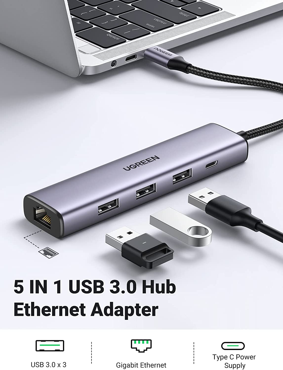 UGREEN USB3.0 to 3×USB3.0 +RJ45 (1000M) Ethernet Adapter Type-C Power Supply