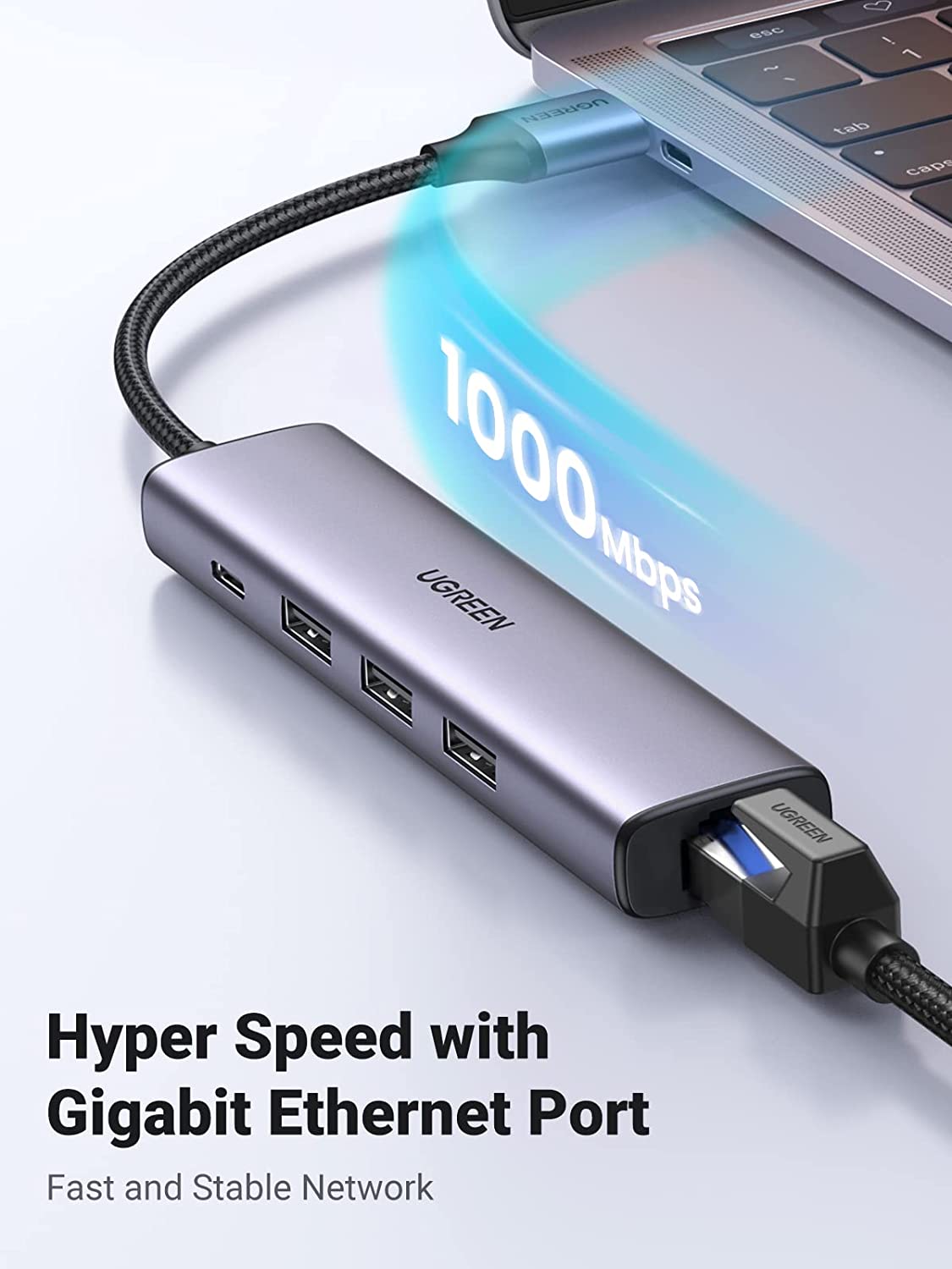 UGREEN USB3.0 to 3×USB3.0 +RJ45 (1000M) Ethernet Adapter Type-C Power Supply