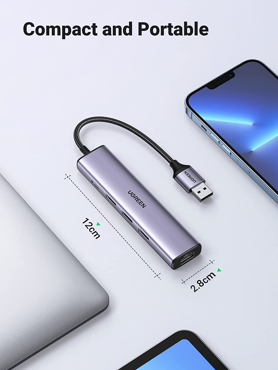 UGREEN USB3.0 to 3×USB3.0 +RJ45 (1000M) Ethernet Adapter Type-C Power Supply