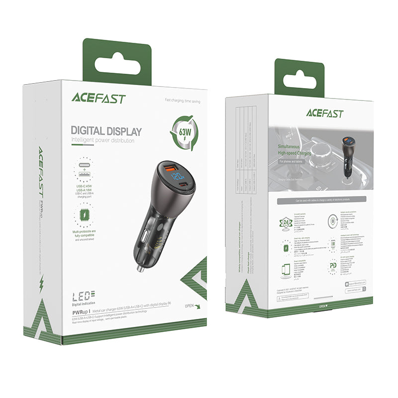 ACEFAST B6 Metal Car Charger 63W (USB-A+USB-C) with Digital DisplayTransparent