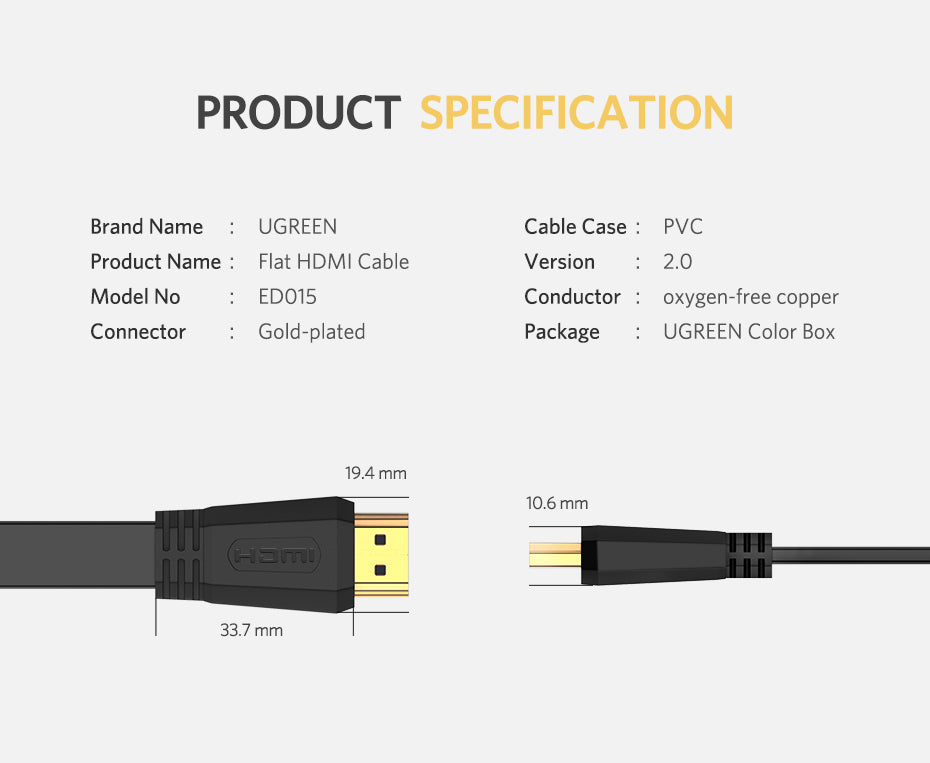 UGREEN HDMI 2.0 Flat Cable 4K 60 Hz for TV HD Monitor Projector - PH
