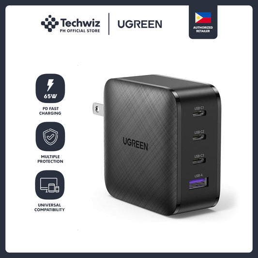 UGREEN 65W 4 Port 3C1A PD GaN Fast Charging Charger 3 USB-C (Type-C) ports and USB-A for Apple Android Laptop Charging