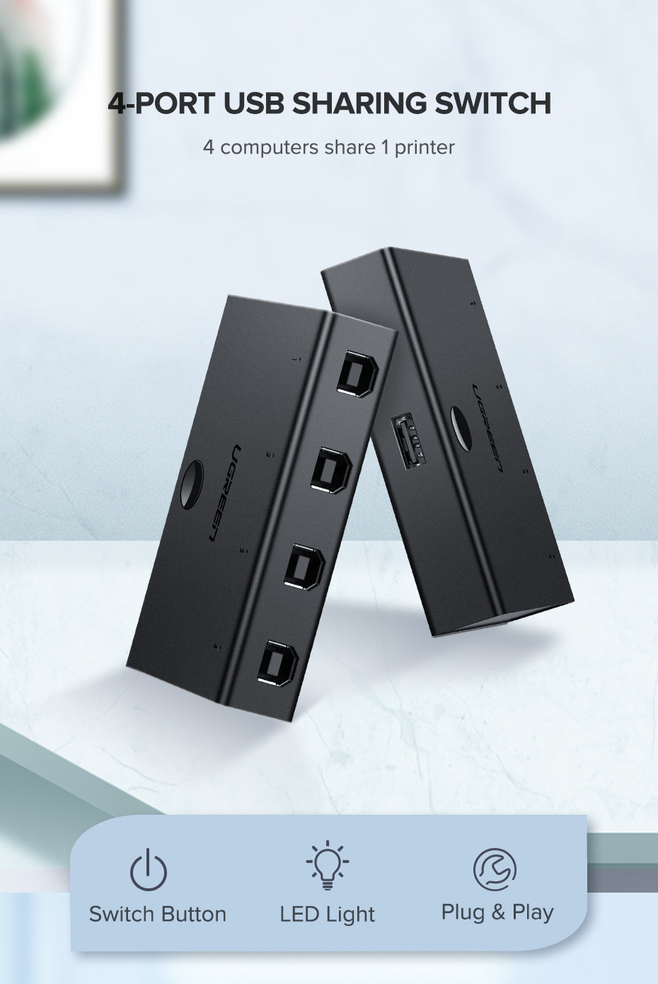 UGREEN USB 2.0 Sharing Switch 4x1 (Black) - PH