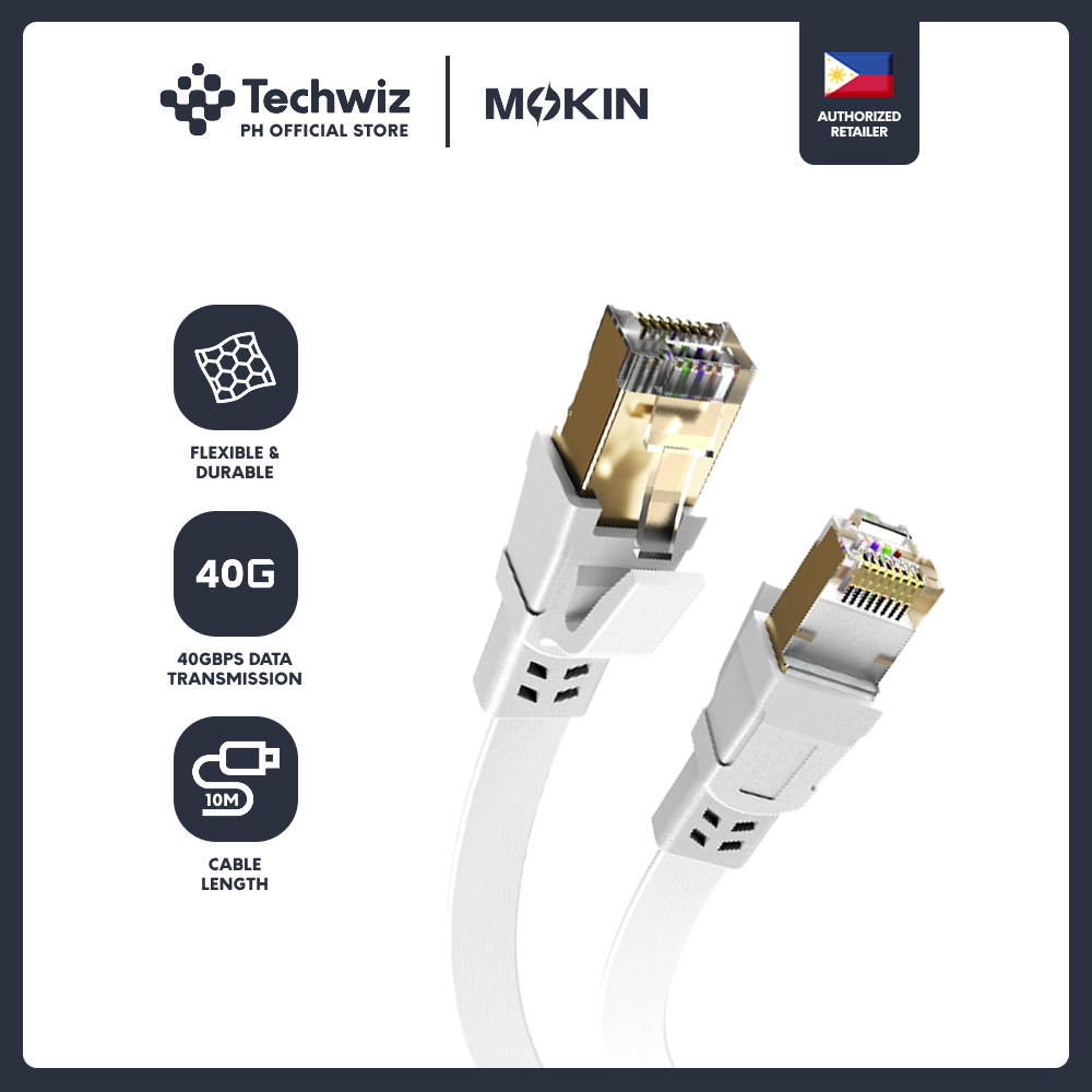 MOKiN LAN RJ45 CAT8 F/UTP Flat Copper Cable 40Gbps High Speed Transmission 1M/3M/5M/10M (White) - PH