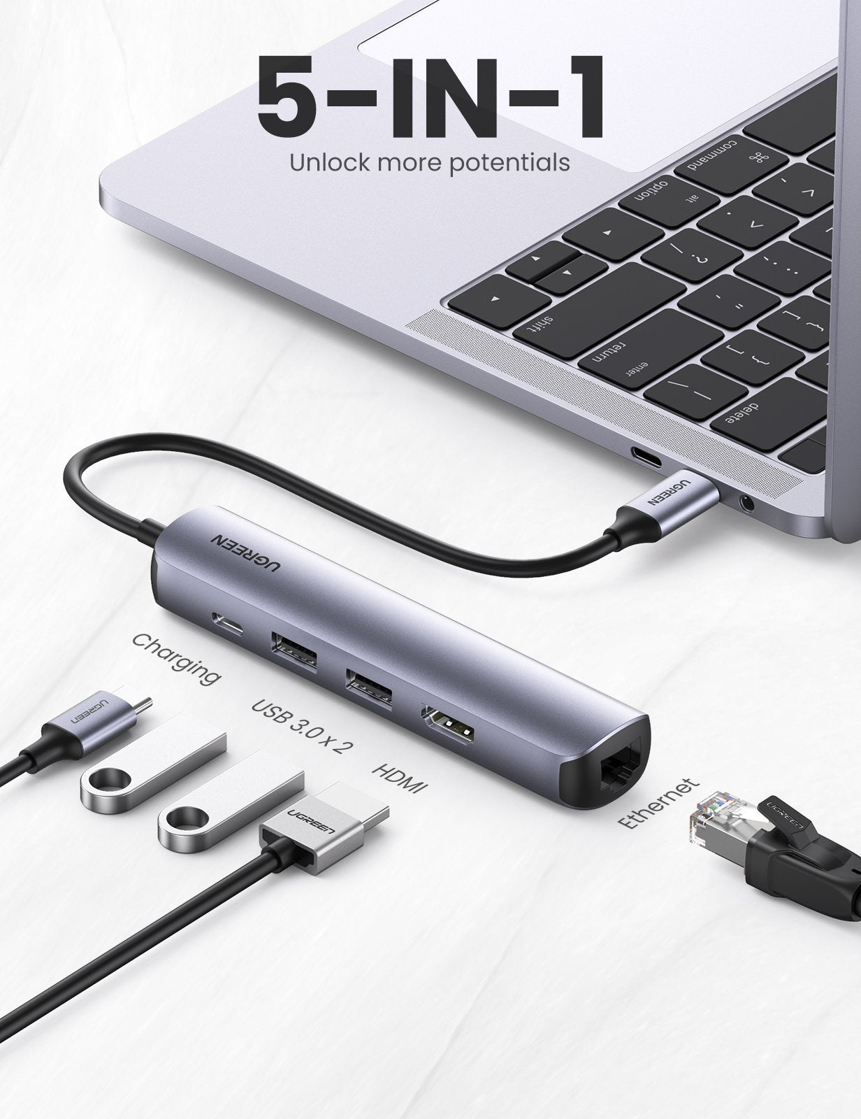 UGREEN Ultra Slim 5-in-1 USB C to 2* USB 3.0 + HDMI + RJ45 Ethernet + PD Hub