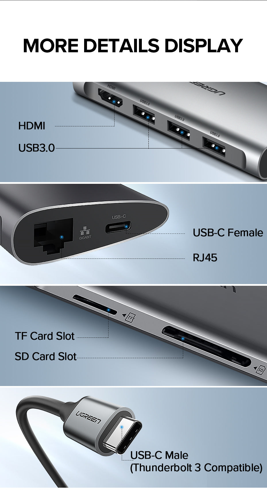 UGREEN 9 in 1 USB C Hub 3 * USB 3.0 + HDMI + VGA + RJ45 + SD Card + TF Card + USB C for Apple Macbook Huawei Samsung Phones - PH