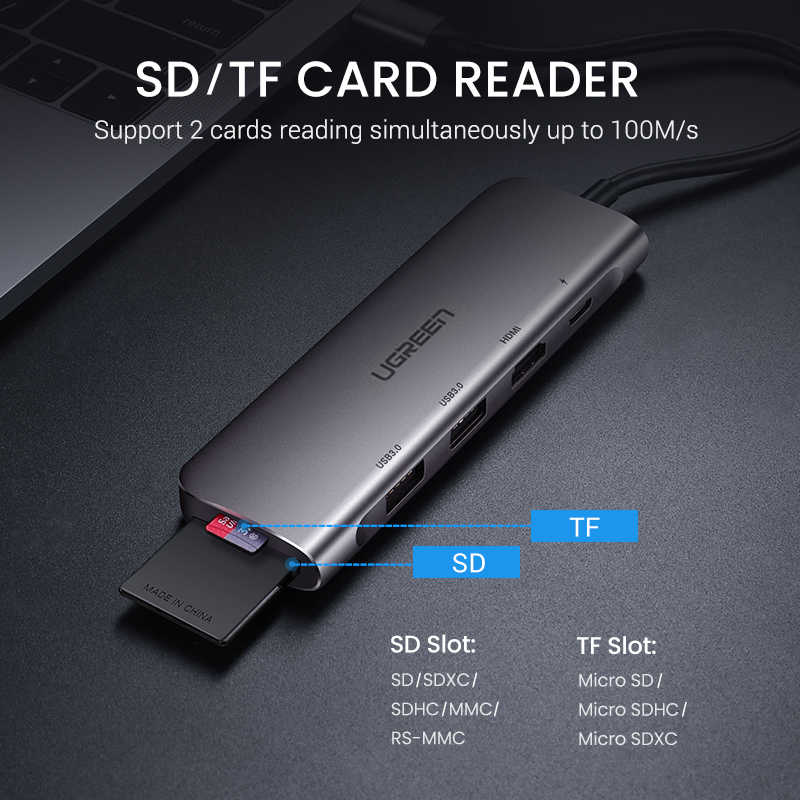 UGREEN 4K 6-in-1 USB C Hub 2 * USB 3.0 + USB-C + 4K HDMI Port + SD & TF Card Slot for Tablet PC Apple Samsung Huawei Phones - PH