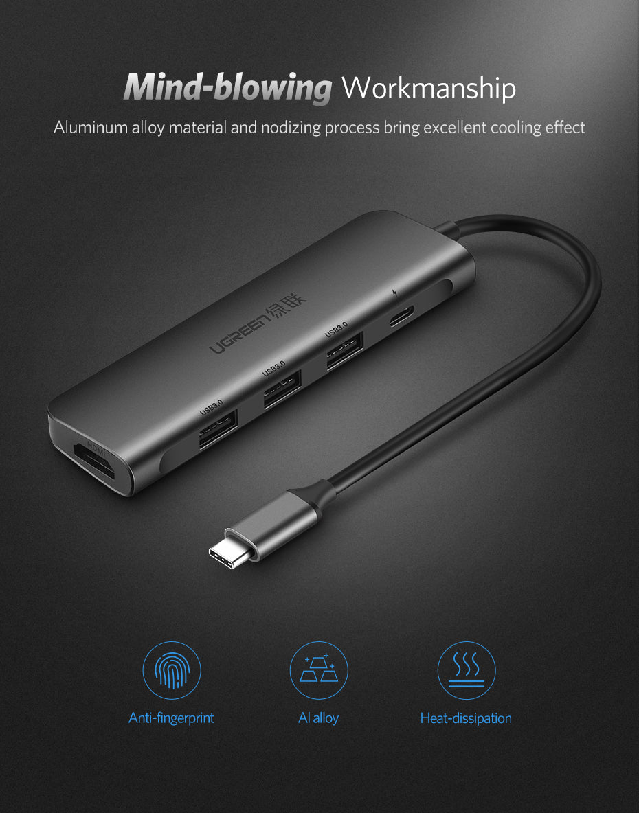 UGREEN USB C to HDMI + 3 USB Ports + PD Multifunction 5-in-1 Hub for Laptop Phone - PH