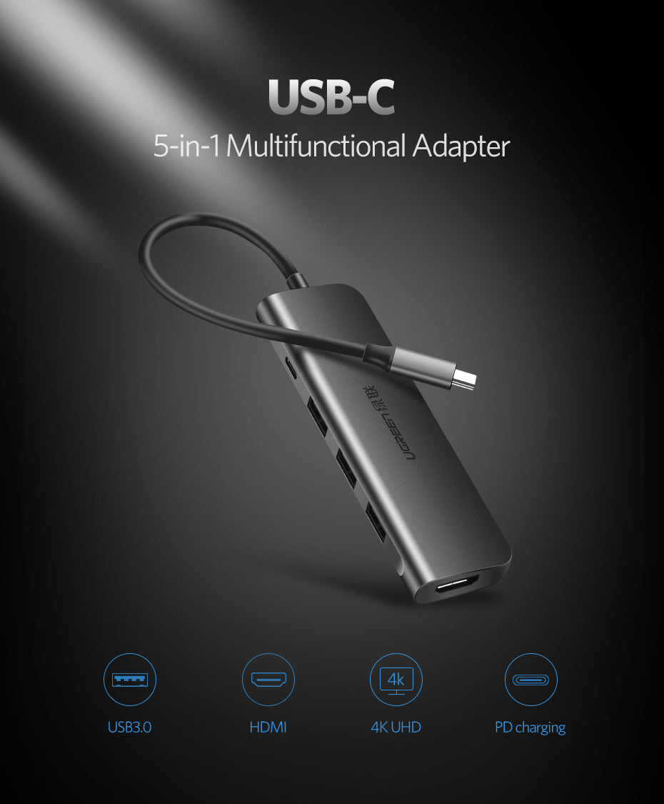 UGREEN USB C to HDMI + 3 USB Ports + PD Multifunction 5-in-1 Hub for Laptop Phone - PH