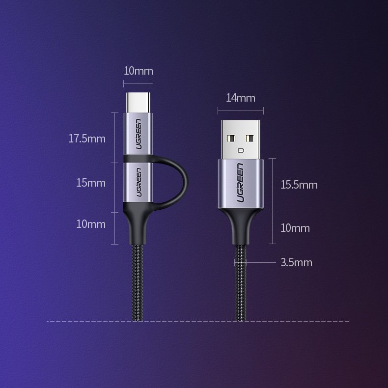 UGREEN USB A to Micro USB + USB Type C Data and Charging Cable for Android Samsung Huawei
