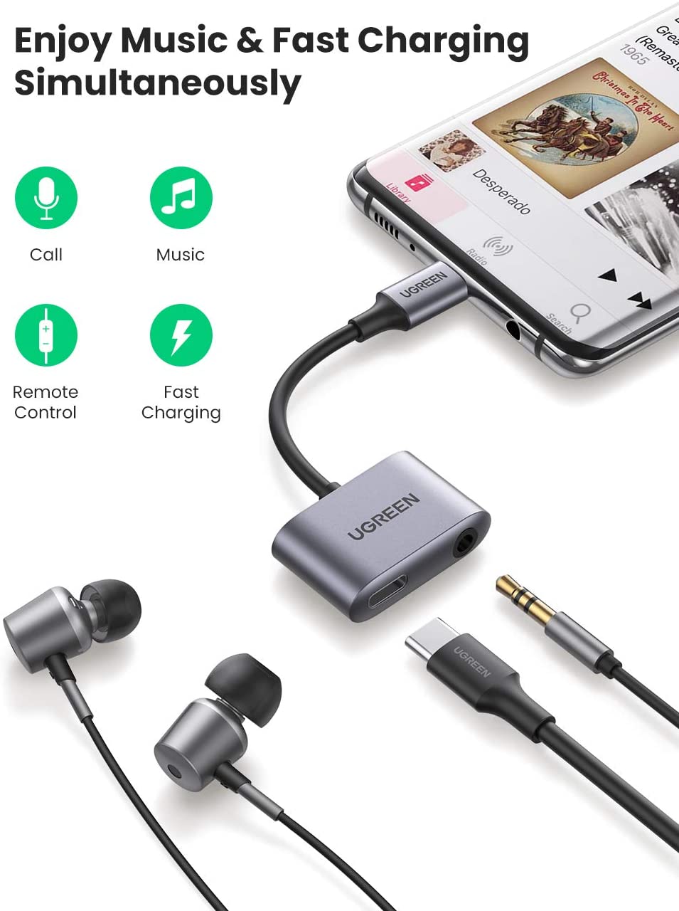 UGREEN USB-C Male To 3.5mm Audio + Type C Female Adapter With Chip