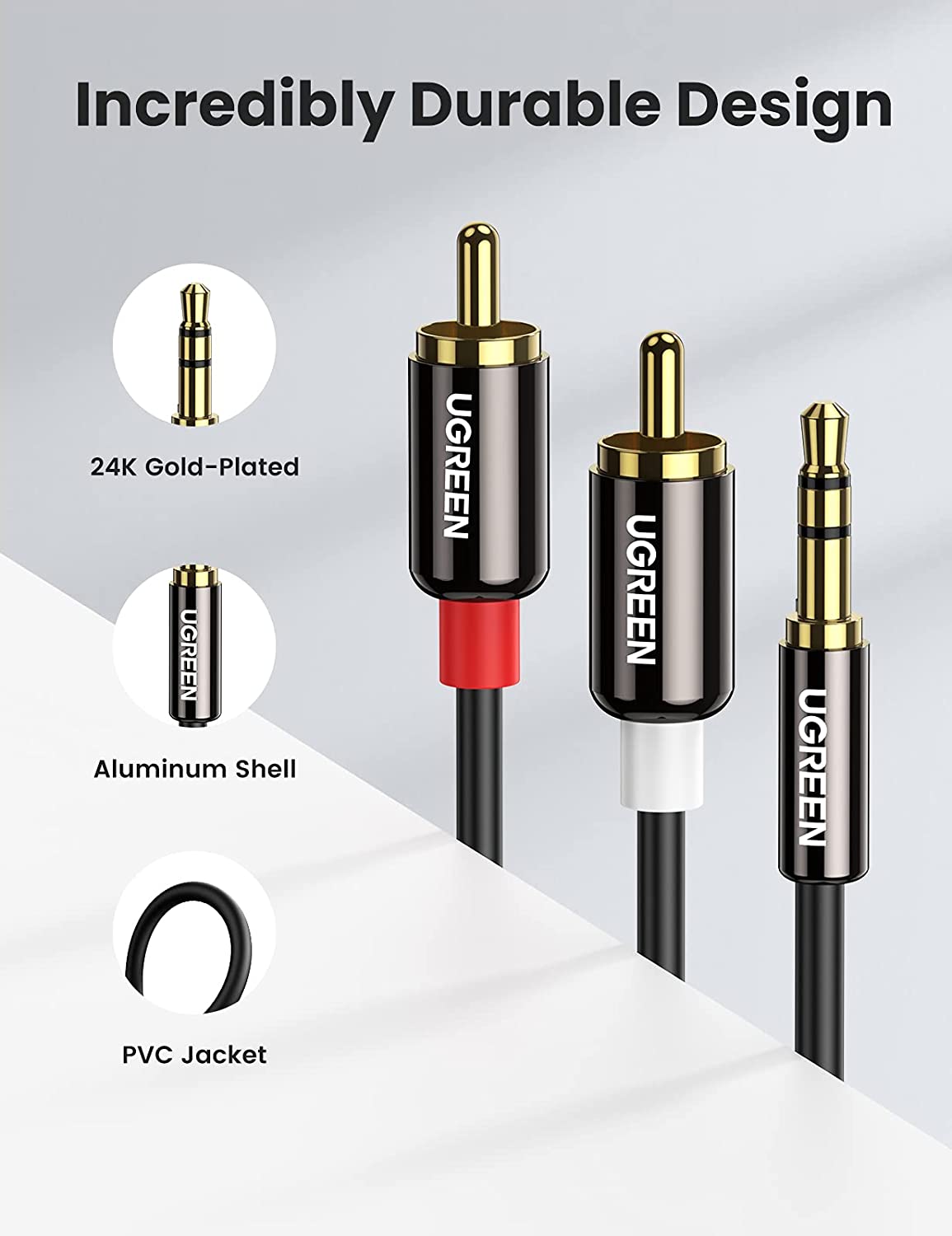 UGREEN 3.5mm Male Audio Jack to 2 RCA Male Cable for Desktop, Amplifier, Soundbar, TV