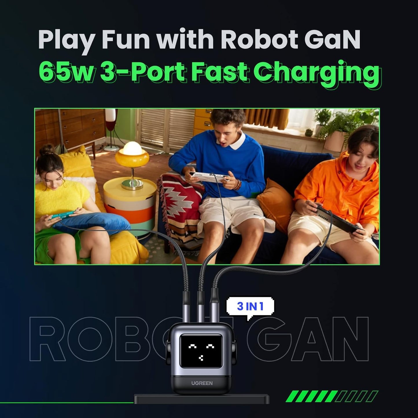 UGREEN 65W 3-Port PD RobotGaN Fast Charger (Space Gray) - PH