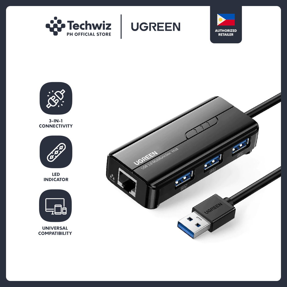 UGREEN USB 3.0 Hub with Gigabit Ethernet Adapter / USB-C to 3× USB3.0 Hub + RJ45 (1000M) Ethernet Adapter