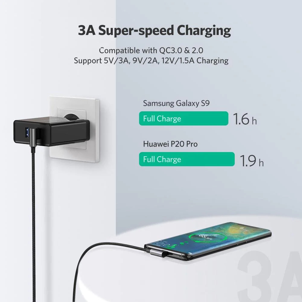 UGREEN (90 Degree) USB-C Male to USB 2.0 3A Data and Charging Cable