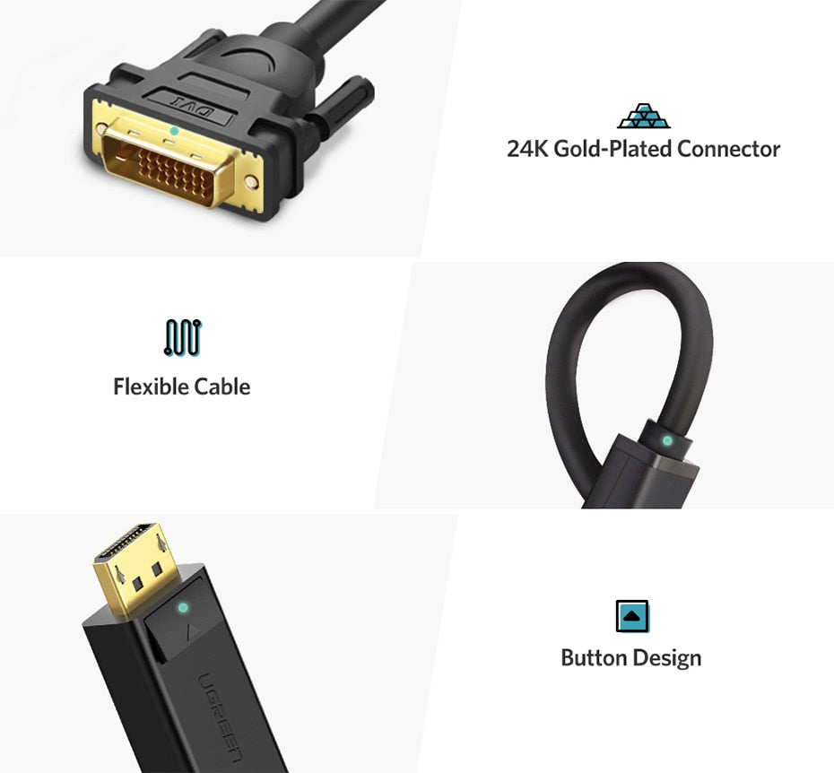 UGREEN Display Port (DP) Male to DVI-D 24+1 Male Cable Adapter 1080P for Projector TV PC Laptop