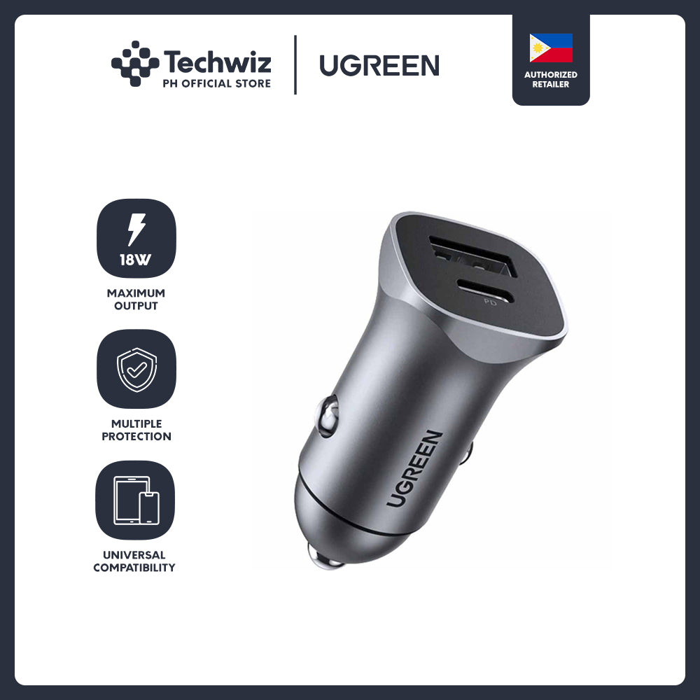 UGREEN PD Fast Car Charger, 18W USB C and USB A Dual Ports Metal Mini Car Adapter