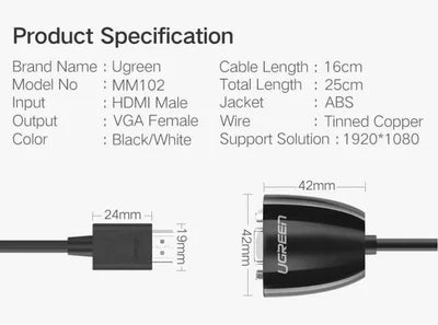 UGREEN HDMI Male to VGA Female Converter without Audio for Notebook Laptop Macbook Chromebook