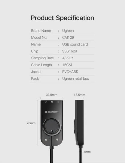 UGREEN USB External Stereo Sound Adapter w/ Voice Control & Mute Button