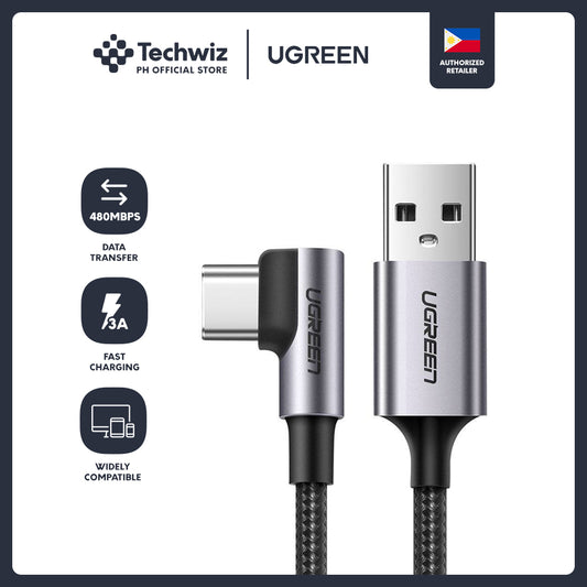 UGREEN USB 2.0 3A Male to USB-C (90°) Cable Nylon Braided Fast Charger for Samsung Xiaomi Android