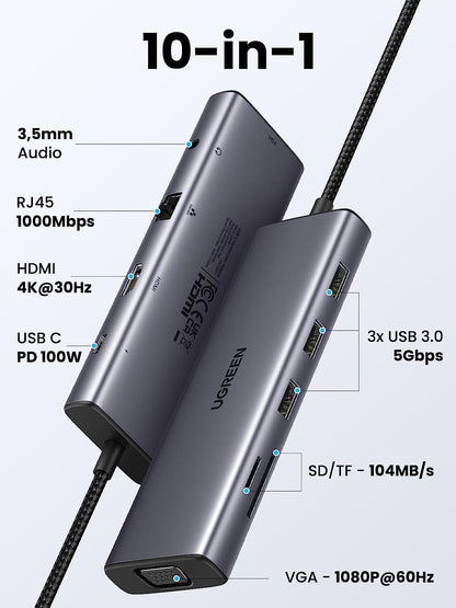 UGREEN USB C to HDMI 4k 30hz | VGA | 3x USB 3.0 | RJ45 | SD/TF | PD | 3.5mm 10 in 1 Hub