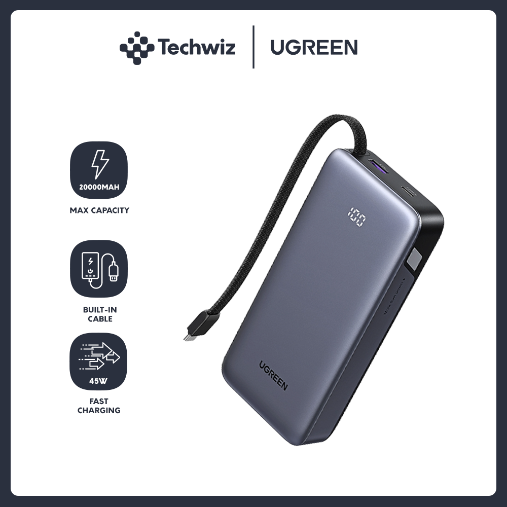 [Techwiz] UGREEN Nexode Power Bank 20000mAh 45W with Built-in Cable, Fast Charging Portable Charger - PH