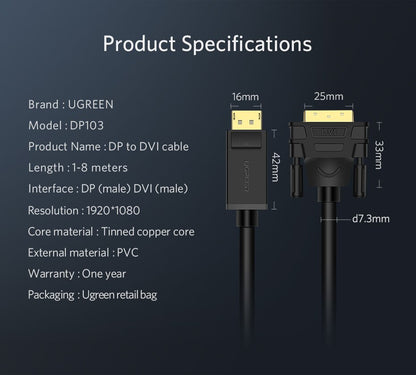 UGREEN Display Port (DP) Male to DVI-D 24+1 Male Cable Adapter 1080P for Projector TV PC Laptop