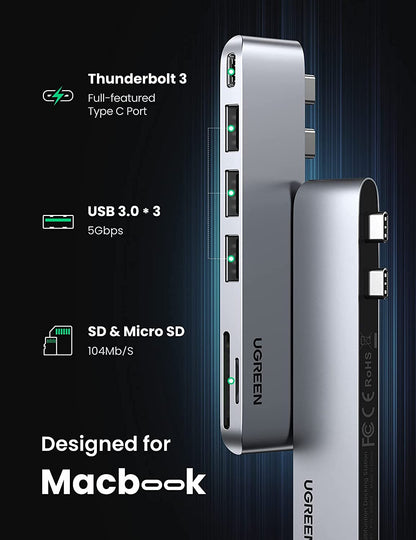 UGREEN 2xUSB-C to 3xUSB3.0-A+SD+TF+PD Multifunction Adapter for Macbook Thunderbolt 3