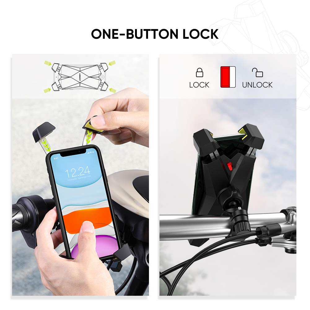 UGREEN Black Bike Phone Holder Bicycle Motorcycle Phone Mount Stainless Steel Handlebar Mount 360 Rotation