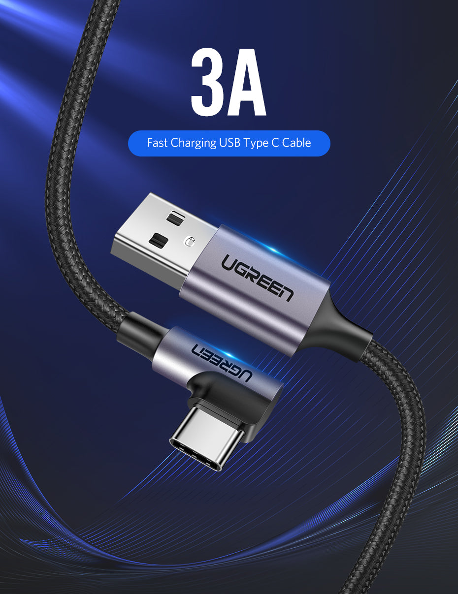 UGREEN USB 2.0 3A Male to USB-C (90°) Cable Nylon Braided Fast Charger for Samsung Xiaomi Android