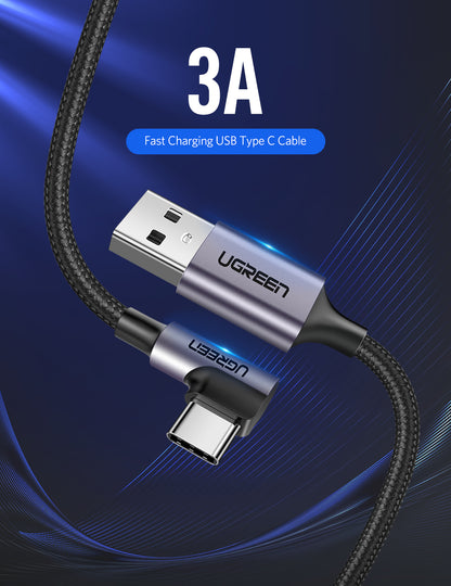 UGREEN USB 2.0 3A Male to USB-C (90°) Cable Nylon Braided Fast Charger for Samsung Xiaomi Android